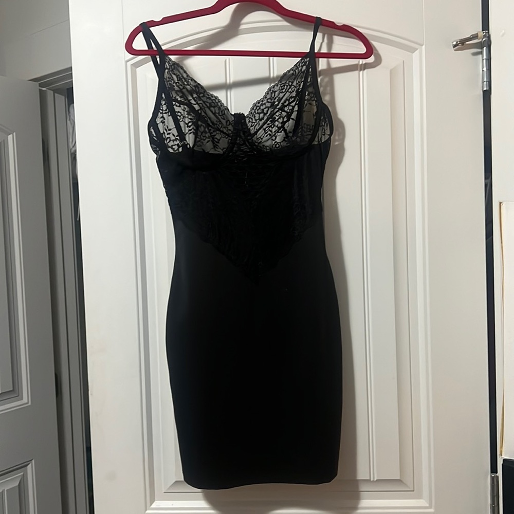 Sheer black underwire bustier lace slip dress LBD